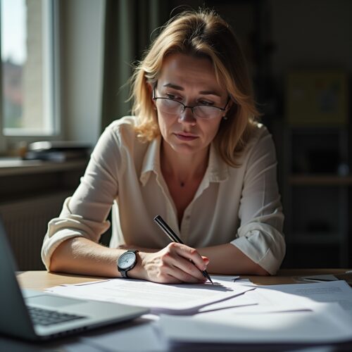 Angespannte Frau bei einem Drohbrief am Schreibtisch mit Akten und Dokumenten